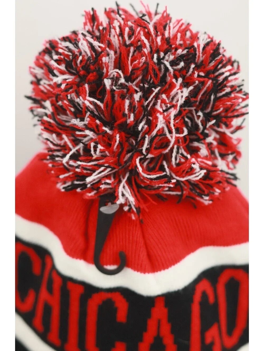 Chicago Knit Beanie Hat Pom Pom Striped Winter Cap Red Black White Cuffed New OS